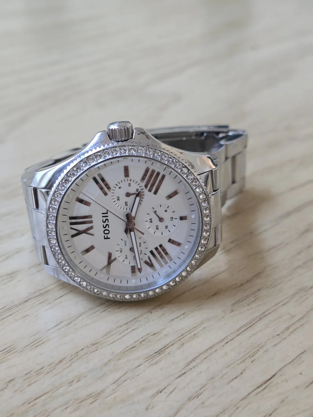 Fossil Silver and White Crystal-Accented Stainless Steel Watch